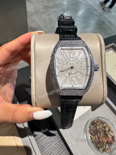  High Quality Replica Franck Muller V32 Black Rubber Strap White Face Dial Diamond-Inlaid Silver Bezel Watch 42*32mm